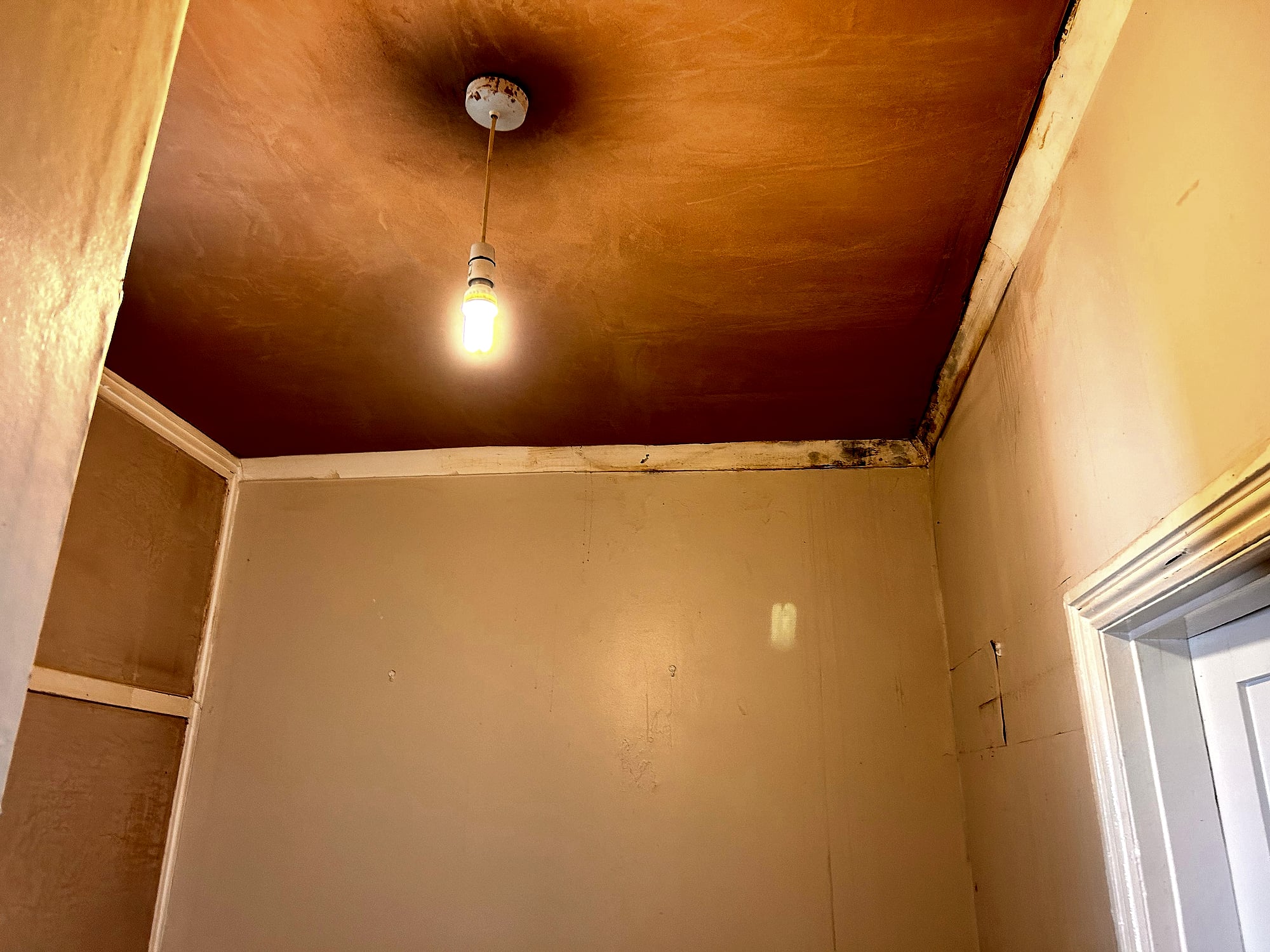 Bay window room before plastering showing damp damage mould and stripped walls in Kent period property